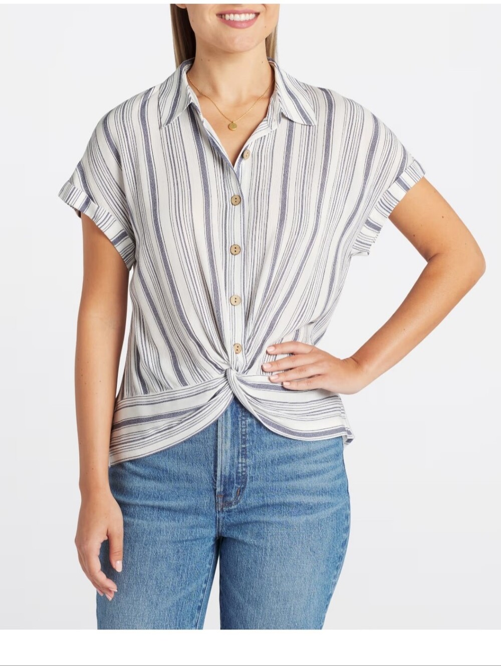 Fortune + Ivy White & Navy Striped Knot-Front Blouse